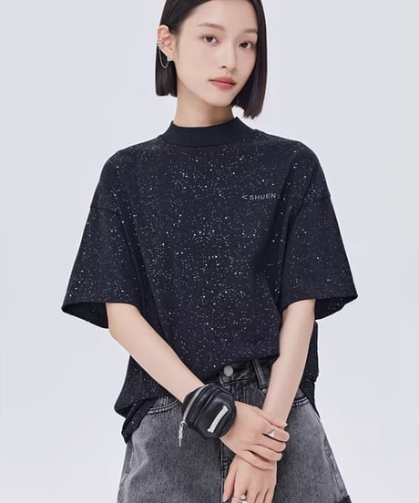Sequin Mock Neck Short-Sleeve T-Shirt
