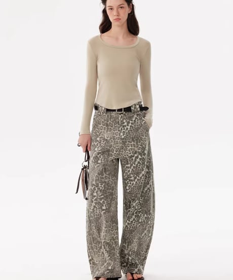 Leopard Washed Curved Wide Pants