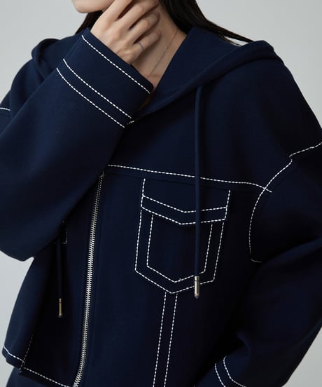 Stitch Design Denim-Style Hooded Jacket & Mini Skirt Set