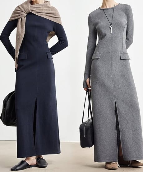 Center-Slit Slim-Fit Long Dresst  / 2colors