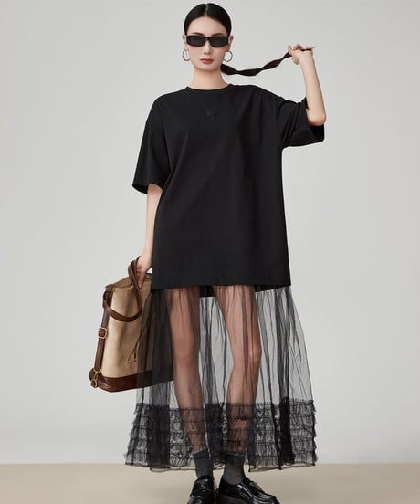 Tulle Layered Patchwork Mesh T-Shirt Dress