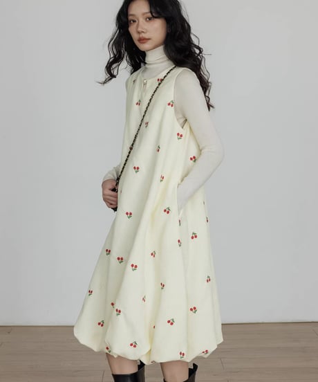 Cherry Embroidery Balloon Onepiece