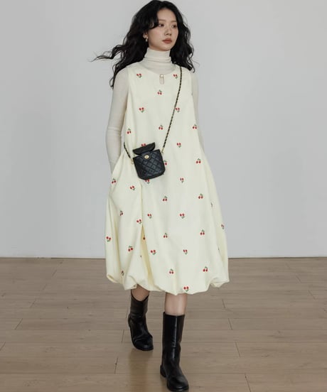 Cherry Embroidery Balloon Onepiece
