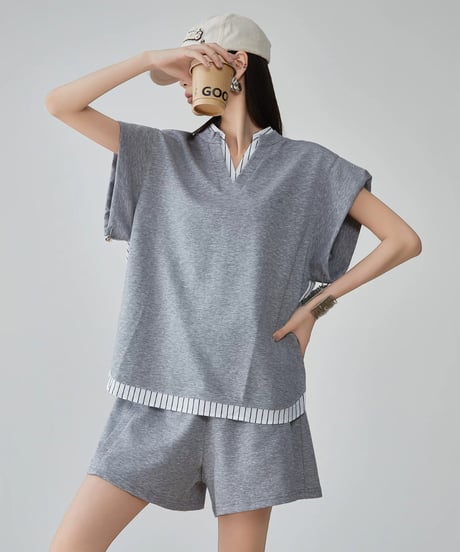 Layered Stripe Key Neck Top & Shorts Set