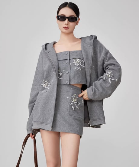 Flower Embroidery Hoodie, Mini Skirt, and Vest