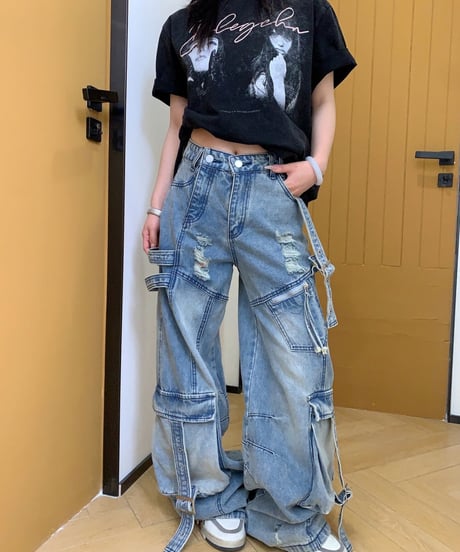 Damage Distressed Oversized Cargo Denim Pants / 2colors
