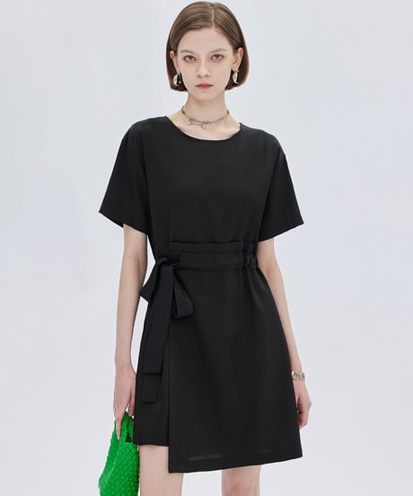 Round Neck Waist Ribbon Mini Dress