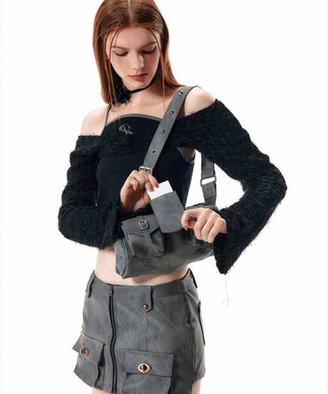 Washed Leather Multi-Pocket Shoulder Bag