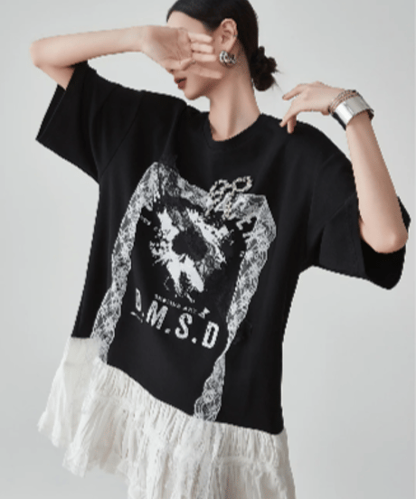 Graphic Print Lace Docking T-Shirt Mini Dress
