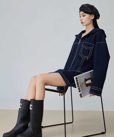 Stitch Design Denim-Style Hooded Jacket & Mini Skirt Set