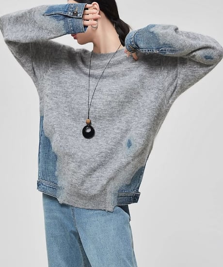 Denim-Docked Oversized Knit Pullover