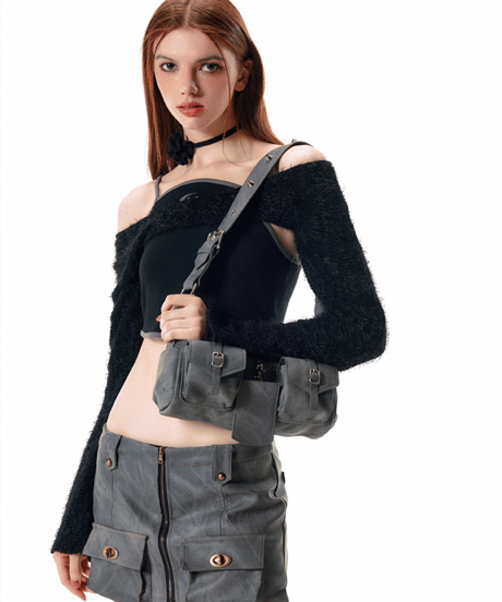Washed Leather Multi-Pocket Shoulder Bag