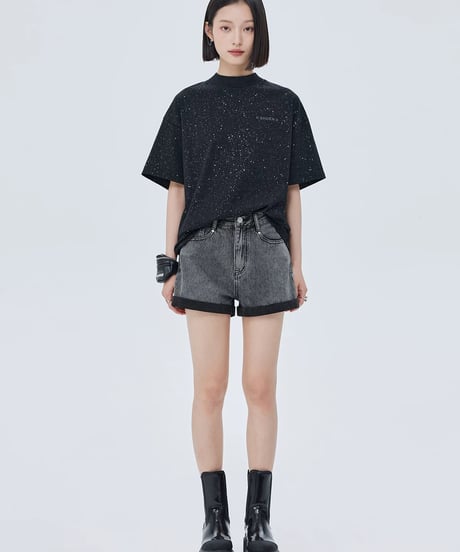 Sequin Mock Neck Short-Sleeve T-Shirt