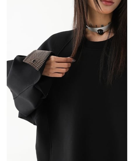 Checkered Cuff Oversized Sweatshirt Pullover  / 2colors