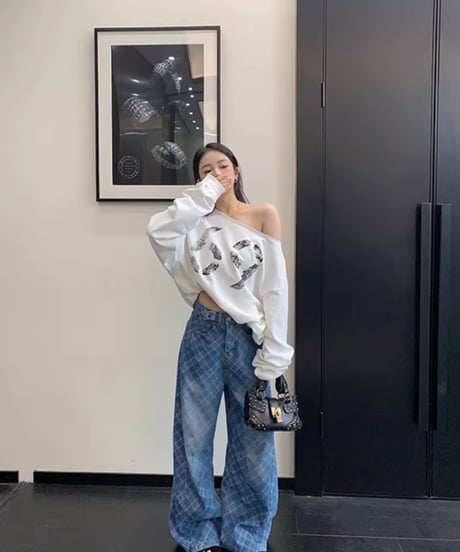 Plaid Pattern Wide Leg Denim Pants / 2colors