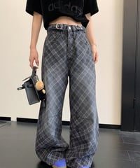 Plaid Pattern Wide Leg Denim Pants / 2colors
