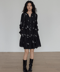 Flower Embroidery Sheer Tiered Dress