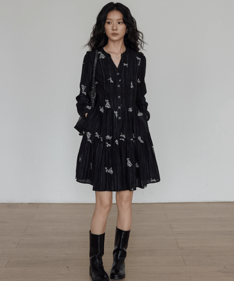 Flower Embroidery Sheer Tiered Dress