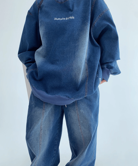 Vintage-Washed Sweat Denim Set  / 2colors