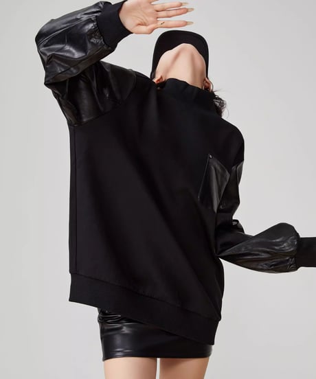 Faux Leather Sleeve High Neck Oversized Sweatshirt