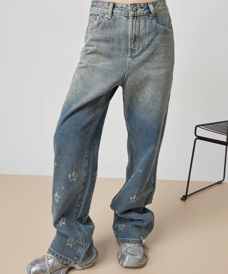 Gradient Star Motif Wide Denim Pants