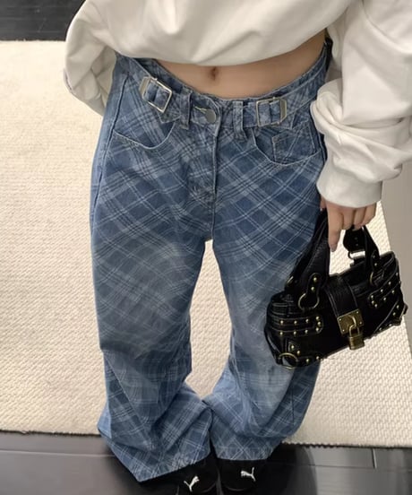 Plaid Pattern Wide Leg Denim Pants / 2colors