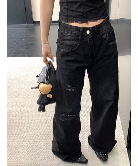 Vintage-Wash Distressed Wide-Leg Denim Pants / 2colors