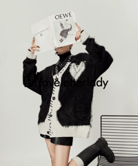 V-Neck Color Block Shaggy Knit Cardigan