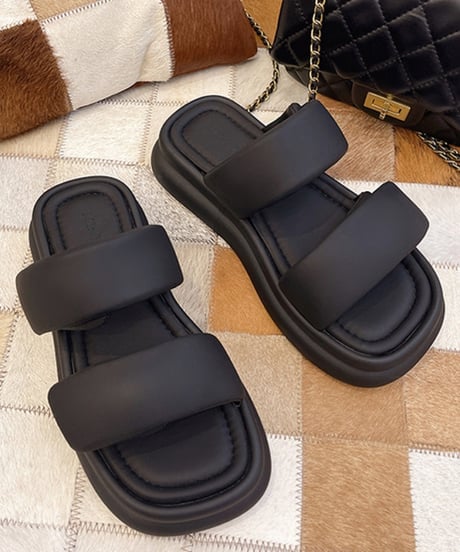 Double Strap Puffy Flat Sandals / 3colors