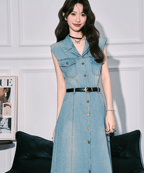 Classic Denim Belted Long Dress