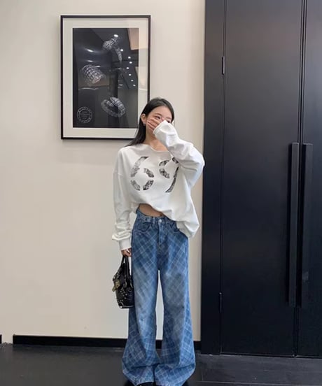 Plaid Pattern Wide Leg Denim Pants / 2colors