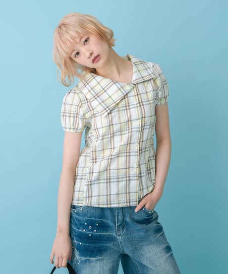 Asymmetrical Collor Check Shirts (yellow)