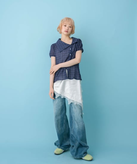 Asymmetrical Collor Check Shirts (navy)