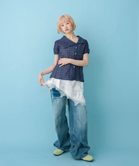 Asymmetrical Collor Check Shirts (navy)