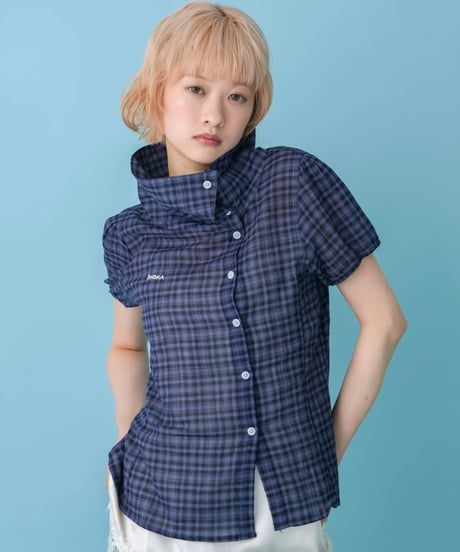 Asymmetrical Collor Check Shirts (navy)