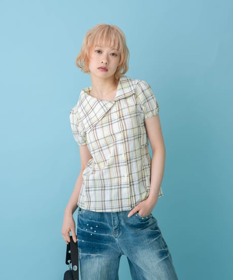 Asymmetrical Collor Check Shirts (yellow)