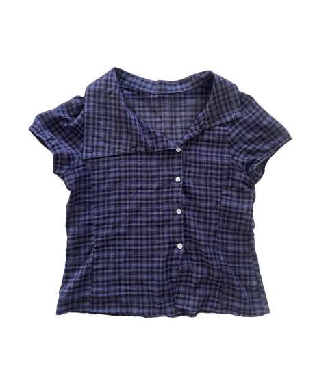 Asymmetrical Collor Check Shirts (navy)