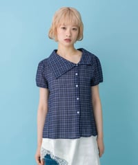 Asymmetrical Collor Check Shirts (navy)
