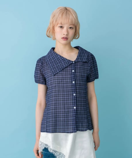 Asymmetrical Collor Check Shirts (navy)
