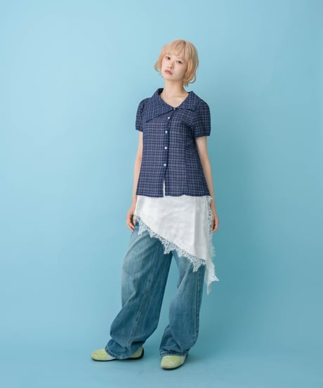 Asymmetrical Collor Check Shirts (navy)