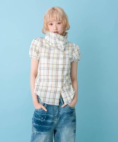 Asymmetrical Collor Check Shirts (yellow)
