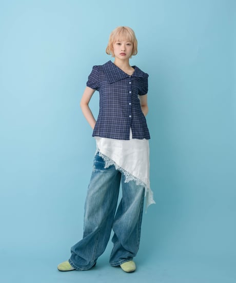 Asymmetrical Collor Check Shirts (navy)