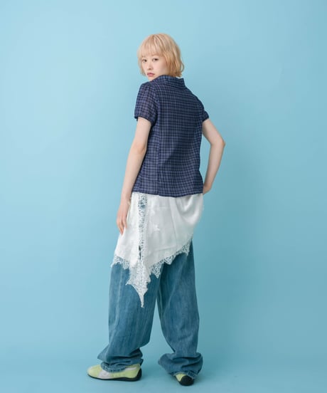 Asymmetrical Collor Check Shirts (navy)