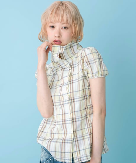 Asymmetrical Collor Check Shirts (yellow)