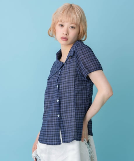 Asymmetrical Collor Check Shirts (navy)