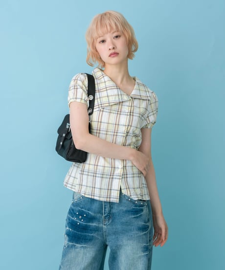 Asymmetrical Collor Check Shirts (yellow)