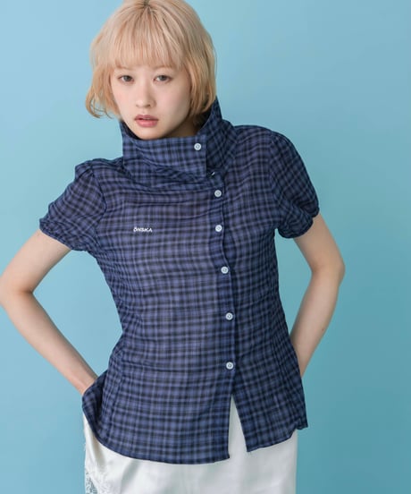 Asymmetrical Collor Check Shirts (navy)