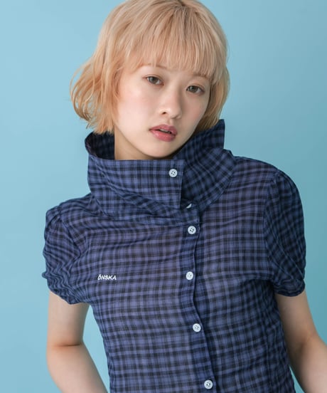 Asymmetrical Collor Check Shirts (navy)