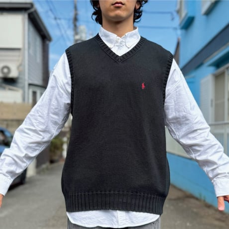 「Polo by Ralph Lauren (ポロラルフローレン)」90s 00s 10s M〜Lサイズ相当 コットン ブラック ポニー刺繍 ローゲージ ニット ベスト [2516091]