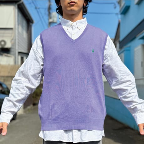 「Polo by Ralph Lauren (ポロラルフローレン)」90s 00s 10s Lサイズ ピマコットン パープル ポニー刺繍 ニット ベスト [2516033]